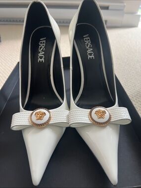 Versace White Patent Pointed-Toe Pumps with Gold Medusa Button